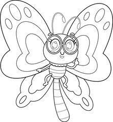 Outlined Cute Butterfly Cartoon Character Pointing. Vector Hand Drawn Illustration Isolated On Transparent Background