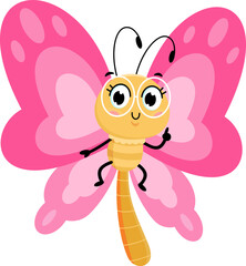 Cute Butterfly Cartoon Character Pointing. Vector Illustration Flat Design Isolated On Transparent Background