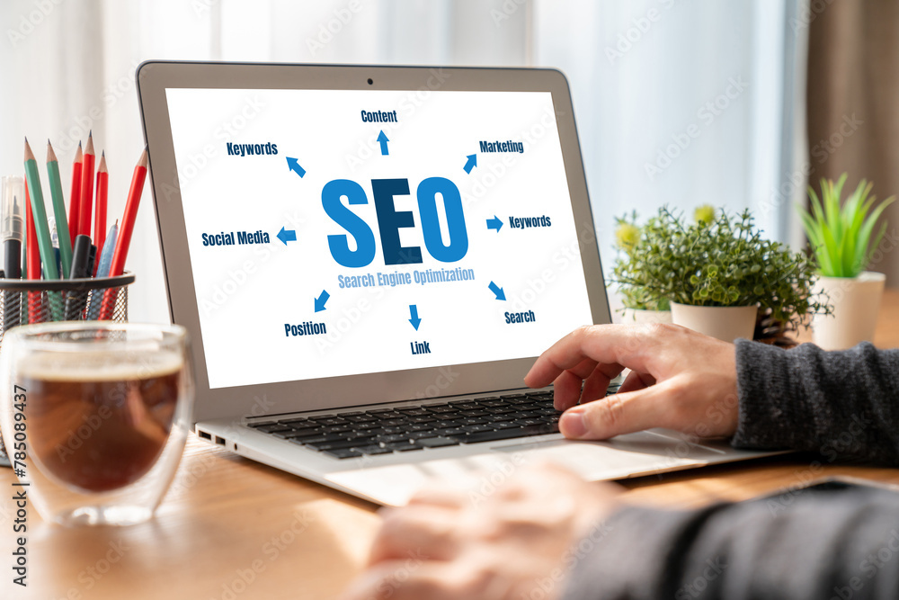 Poster seo search engine optimization for modish e-commerce and online retail business showing on computer 