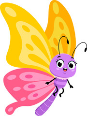 Cute Butterfly Cartoon Character Flying. Vector Hand Drawn Illustration Isolated On Transparent Background