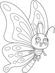 Outlined Cute Butterfly Cartoon Character. Vector Hand Drawn Illustration Isolated On Transparent Background