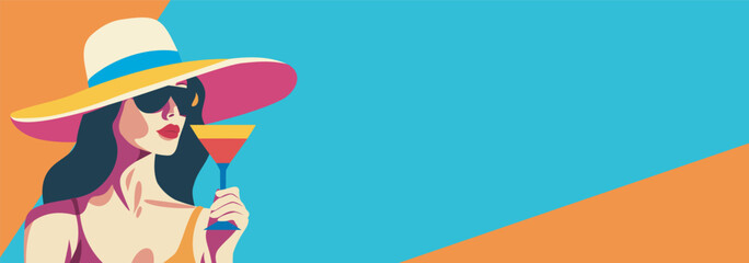 Vector summer flat banner with space for text poster in bright blue colors abstract girl in glasses and a hat with a cocktail in her hands, a tourist on vacation