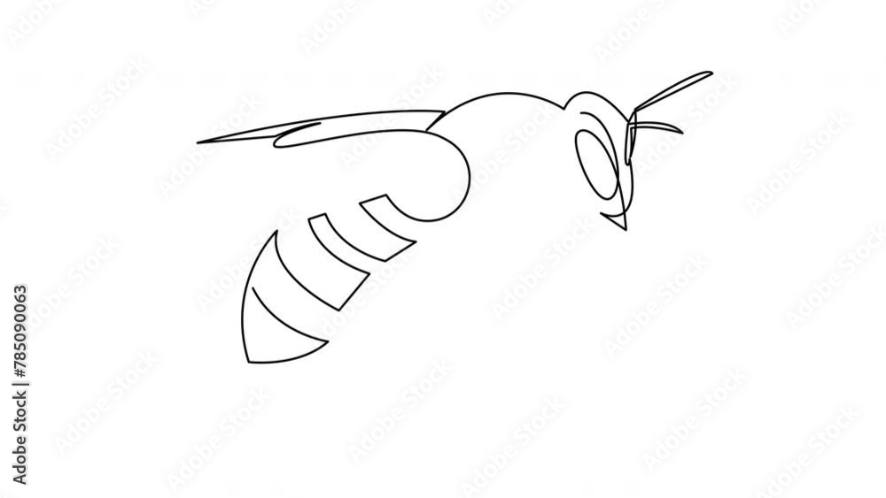 Poster self drawing animation of one continuous line draw bee insect. animated single line wasp logo.