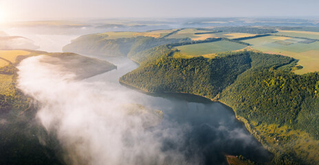 Gorgeous view from a drone flying over the winding Dniester river. Ukraine, Europe.