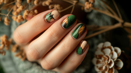 Close-up nail art with rustic charm, muted green and brown, wood grain effect, Glamour woman hand with nail polish on her fingernails. Nail art and design.