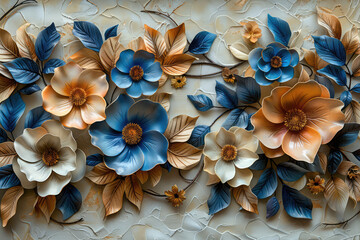 3D wall mural, flowers in blue and beige colors, leaves, relief style, in the style of wood carving. Created with Ai