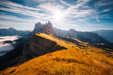 Impressive sharp peaks of the Odle Group. Dolomite alps, Puez Odle National Park, Italy, Europe.