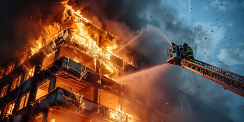 A dynamic angle showing firefighters employing an aerial ladder to reach flames engulfing the upper floors of a building, emphasizing the scale of the fire and the strategic tactics used to combat it.
