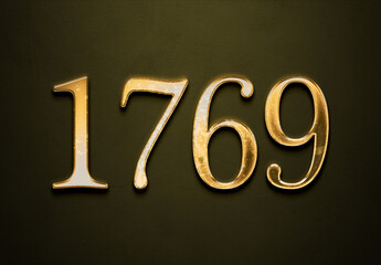 Old gold effect of 1769 number with 3D glossy style Mockup.	