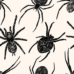 Set of various spiders in linocut style. Squere Seamless Pattern. Trendy vector illustration. - 785091420