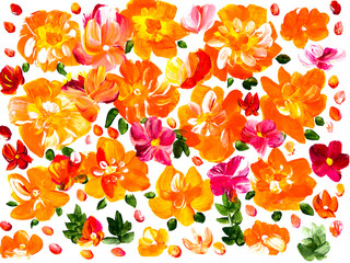 Abstract red and orange flowers, original hand drawn, impressionism style, color texture, brush strokes of paint, art background. - 785091459