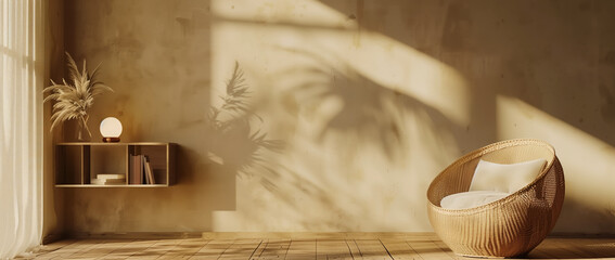Sun-Dappled Retreat with Chic Wicker Chair. An inviting room corner bathed in sunlight with a stylish wicker chair.
