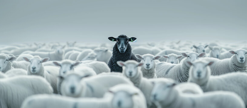 One Black Sheep Standing Out in a Crowd of White Sheep. A unique black sheep stands prominently amongst a flock of white sheep, symbolizing individuality and difference.