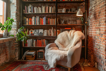 Rustic Charm of a Book Lover's Nook. A lovingly curated book nook invites you in with its plush armchair and soft textures amidst the warmth of exposed brick and the company of vibrant houseplants. - obrazy, fototapety, plakaty