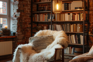 Scandinavian-Style Cozy Reading Corner. Warm, inviting reading space with a chair and bookshelf in a rustic setting. - obrazy, fototapety, plakaty