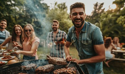 Smiling man in an apron is cooking on a grill with friends in garden.
