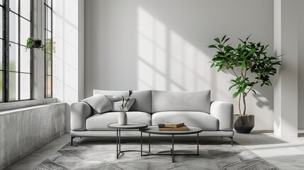 Minimalist Living Room with Natural Light and Greenery. A serene minimalist living room bathed in natural light, with a chic grey sofa, elegant coffee tables, and fresh greenery adding a touch nature - obrazy, fototapety, plakaty