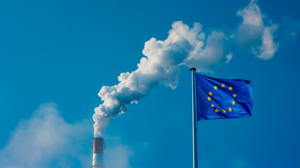 EU flag with industrial smokestack and smoke, environmental CO2 emission policy theme.