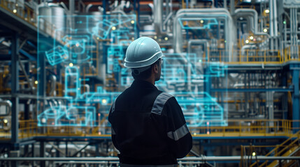 An engineer, outfitted with a helmet, surveys a high-tech industrial plant, where digital interfaces overlay the complex machinery, signifying cutting-edge operational efficiency