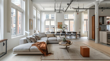 An airy loft apartment boasting an open-plan living space, featuring tall windows for ample sunlight, a sectional sofa for relaxation, and a harmonious dining area integration. - obrazy, fototapety, plakaty