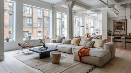 Spacious Scandinavian Loft with Natural Light. A well-lit loft living room combining modern Scandinavian design and urban views.