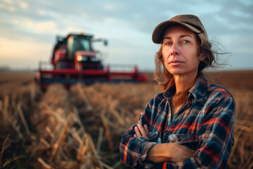 Confident female farmer on a field with blurred tractor. Concept of women in farming and agriculture.