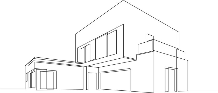 Modern flat roof house or commercial building continuous line drawing. Minimalist black one line sketch vector illustration.