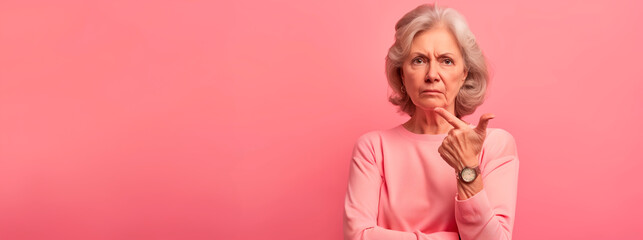 Skeptical senior woman with arms crossed, pink backdrop with copy space.
