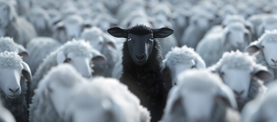 Contrast in Unity: One Black Sheep Among Many. Single black sheep stands out in a crowd of white sheep - obrazy, fototapety, plakaty