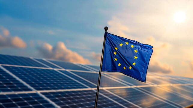 EU flag with solar panels, symbolizing renewable energy policy.