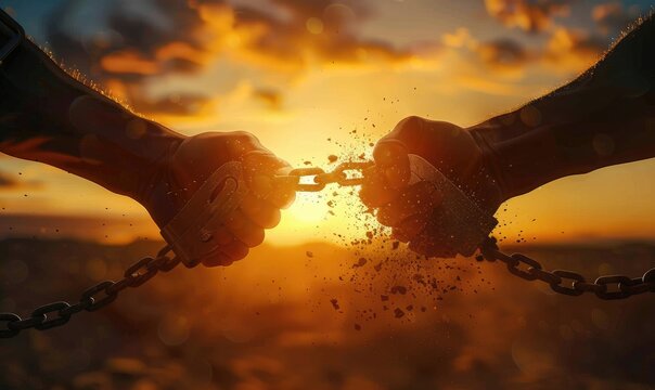 Two hands breaking a steel chains against a dramatic sunset backdrop portrays a powerful message of freedom and liberation.