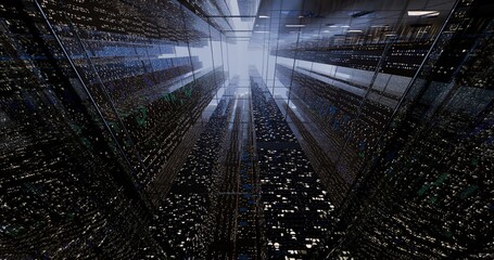 Skyscraper buildings pierce through the clouds. A futuristic city of advanced civilization. A city that goes on forever. Roads stretching in every direction. Aerial corridors. 3D rendering.