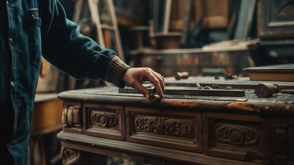Skilled craftsman restorer is carefully restoring the intricate details on an antique wooden furniture piece - obrazy, fototapety, plakaty