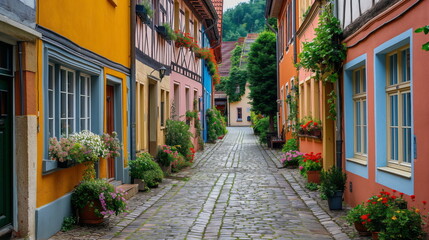 charming cobblestone street lined with colorful houses and flower-filled window boxes in a European town