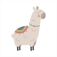 Fototapeta premium Cute lama. Flat cartoon vector illustration isolated on white background. For card, posters, banners, printing on the pack, printing on clothes, fabric, wallpaper, textile or dishes.