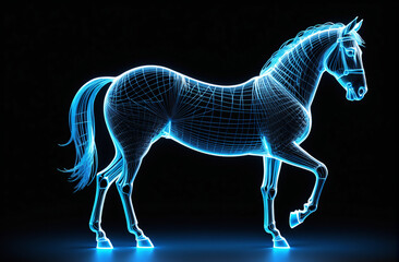 Fototapeta premium 3D wireframe model, horse figure, glowing outline, black background, perspective projection, detailed anatomy