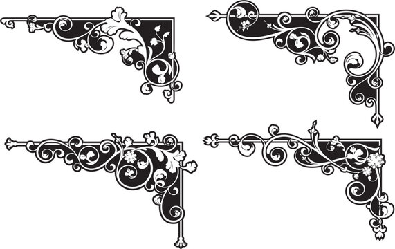 Vintage renaissance ornamental floral corners set. Luxury page decorative flourish designs, royal filigree ornaments, wedding invitation corners. Extremely clean vector graphics, vinyl and laser ready