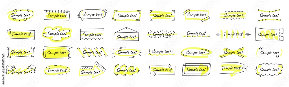 Poster set of frames for text in hand drawn style. the effect of a yellow marker or highlighter. vector tex