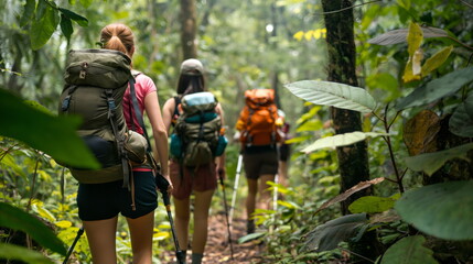 group of adventurous hikers trekking through a dense forest trail