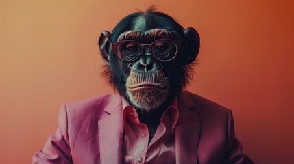 A businessman with a monkey's head in a business suit and tie, wearing glasses on a blurred background. Wolf character