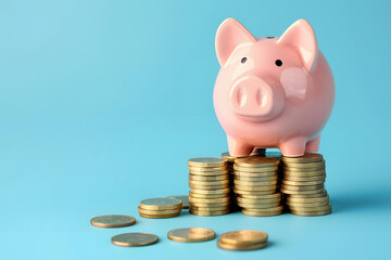 piggy bank on coins, blue background.