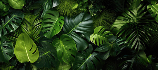 Lush green leaves flat lay, creating a vibrant pattern as a backdrop of the tropical jungle. - 785094063
