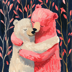 Two bears hugging each other in a simple flat children illustration
