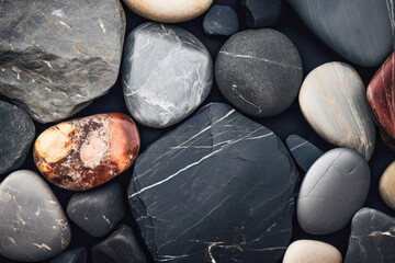 Close-up of smooth pebbles on a beach, showcasing their round shapes and textured surfaces. - 785094099