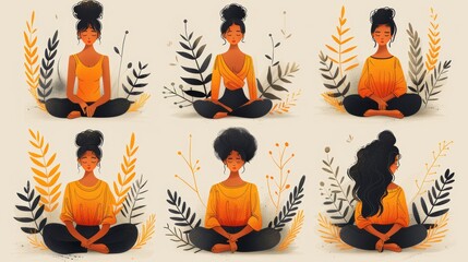 Happy woman feel confident, relaxed, accept and love herself. Selfcare concept. Modern illustration. - obrazy, fototapety, plakaty