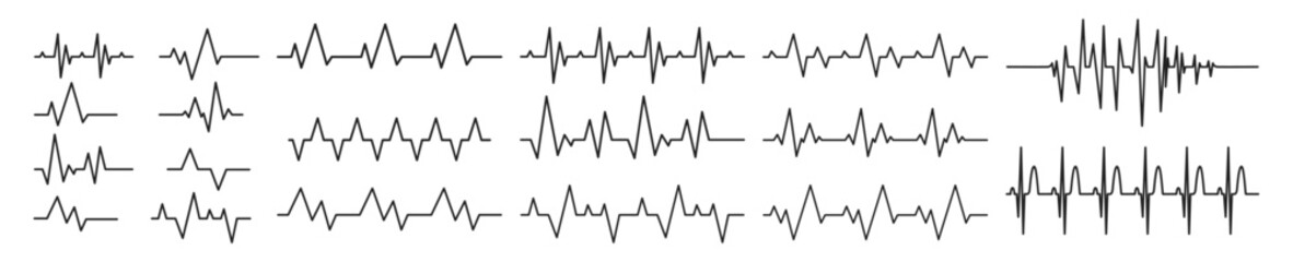 Heart rhythm set, Electrocardiogram, ECG EKG signal, Heart rate monitor set line vector isolated on transparent background - obrazy, fototapety, plakaty