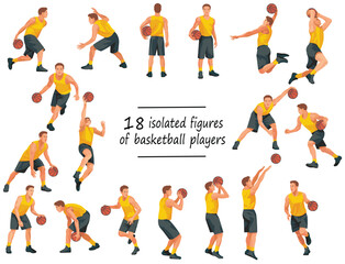 18 basketball players in yellow jersey standing with the ball, running, jumping, throwing, shooting, passing the ball - obrazy, fototapety, plakaty