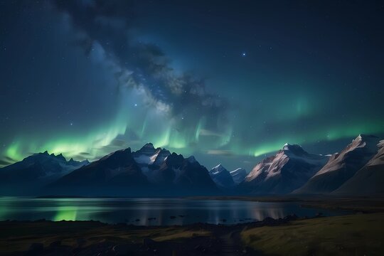 the northern lights in the night sky with mountins and river