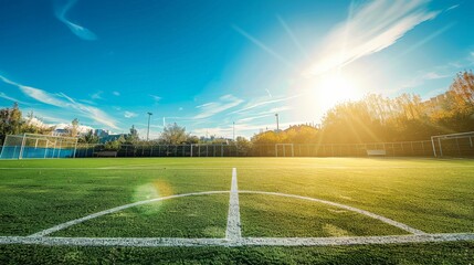 Empty soccer field under the bright sunlight