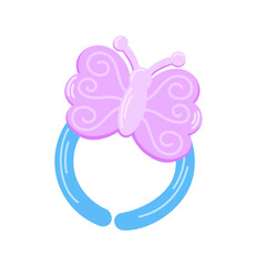 Kids jewelry, cute ring. Cartoon ring with a butterfly for children isolated on white. Fashion, jewellery concept
